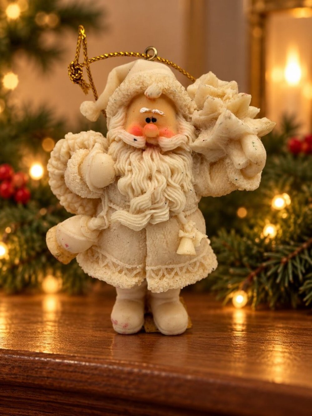 Vintage White Santa Claus Ornament With Gold Hanging Cord Decorative Detailing